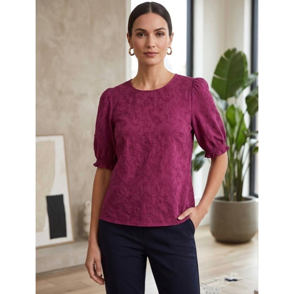 Ted Baker Floral Jacquard Blouse Women XL Magenta Puff Sleeve Romantic Office